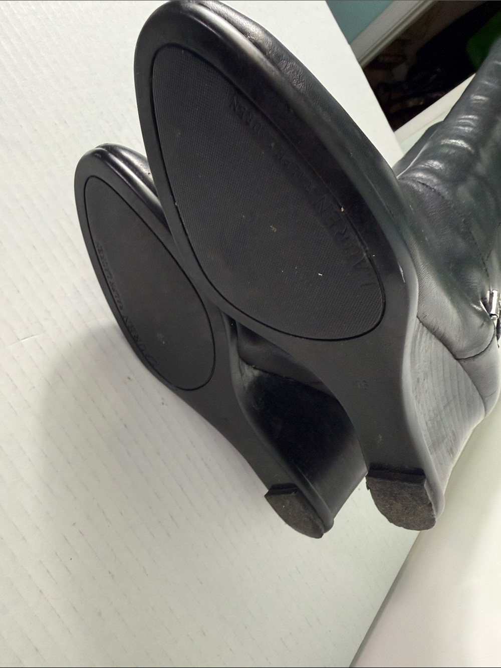 Lauren Ralph Lauren TIA Black Leather Knee-High Wedge Boots Size 7 - Picture 9 of 15